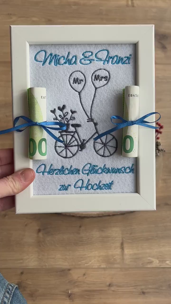 Geldgeschenk zur Hochzeit - Bilderrahmen individuell bestickt und personalisierbar