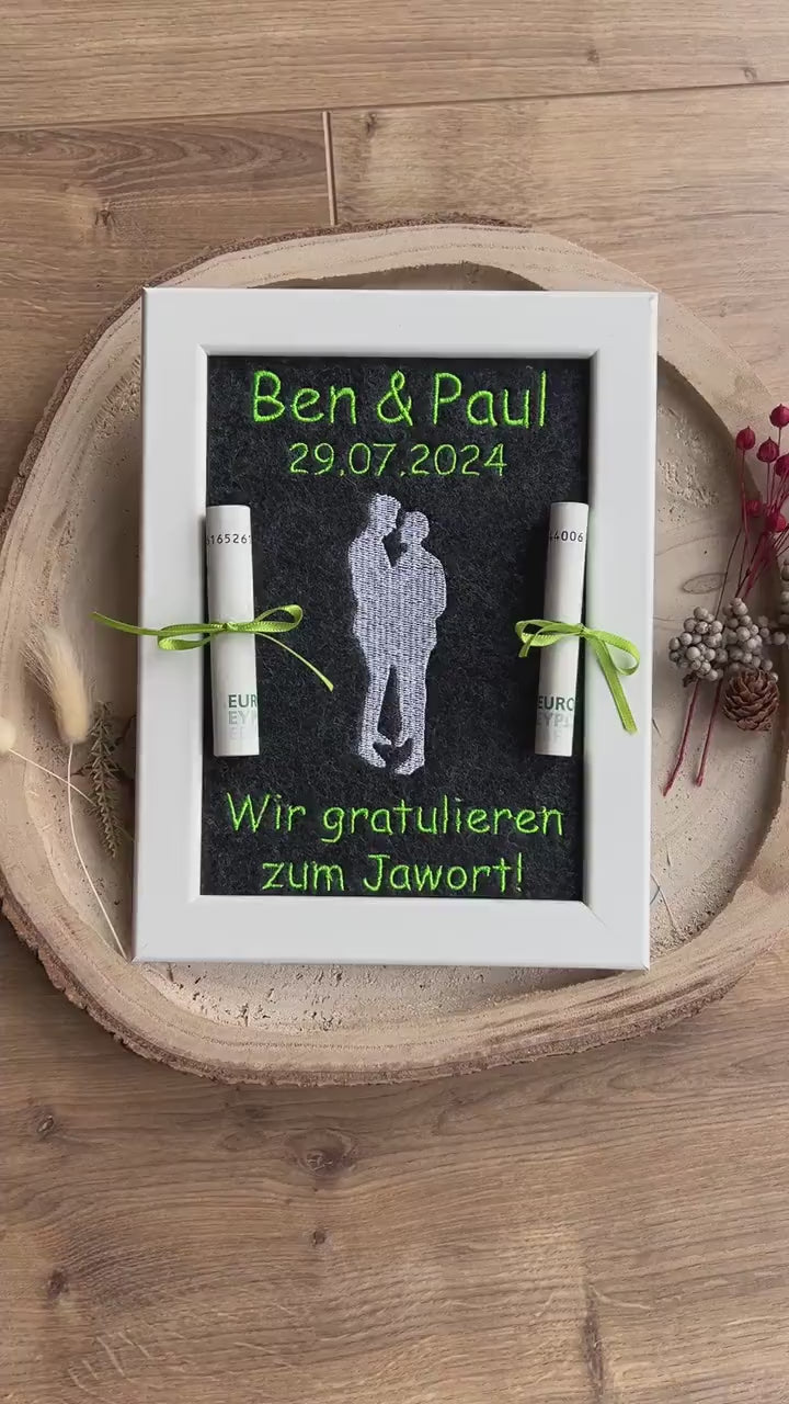 Geldgeschenk zur Hochzeit - Bilderrahmen individuell bestickt und personalisierbar