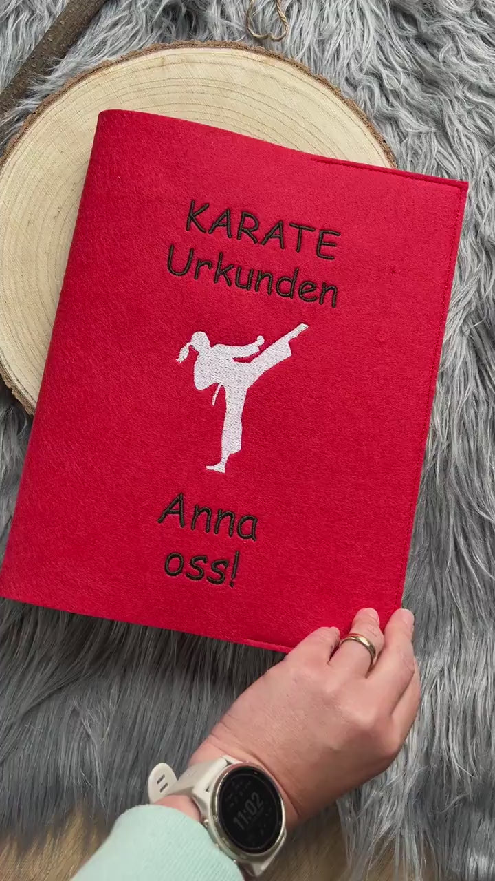 Urkunden Mappe A4 | hochwertig bestickt | Karate | viele Sportarten zur Auswahl | personalisiert | mit Name | Auszeichnung | Karategürtel |