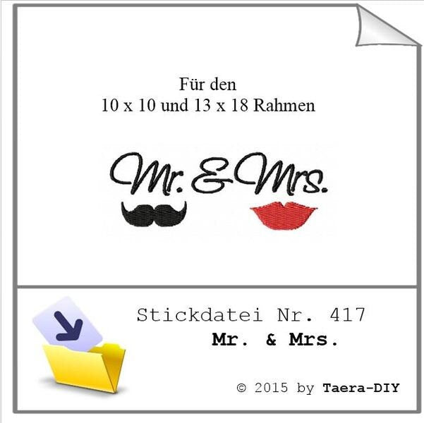 Stickdatei Mr &amp; Mrs Nr. 417 Hochzeit Ehepaar Ringkissen